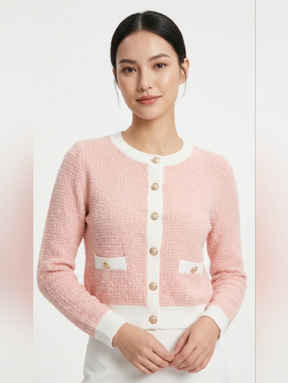 URBAN REVIVO Pink and White Cardigan with Intricate Design,Size 2.